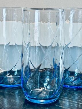 Set of 3 Vintage Libbey Tumblers Drinking Glasses Large Clear Blue Swirl